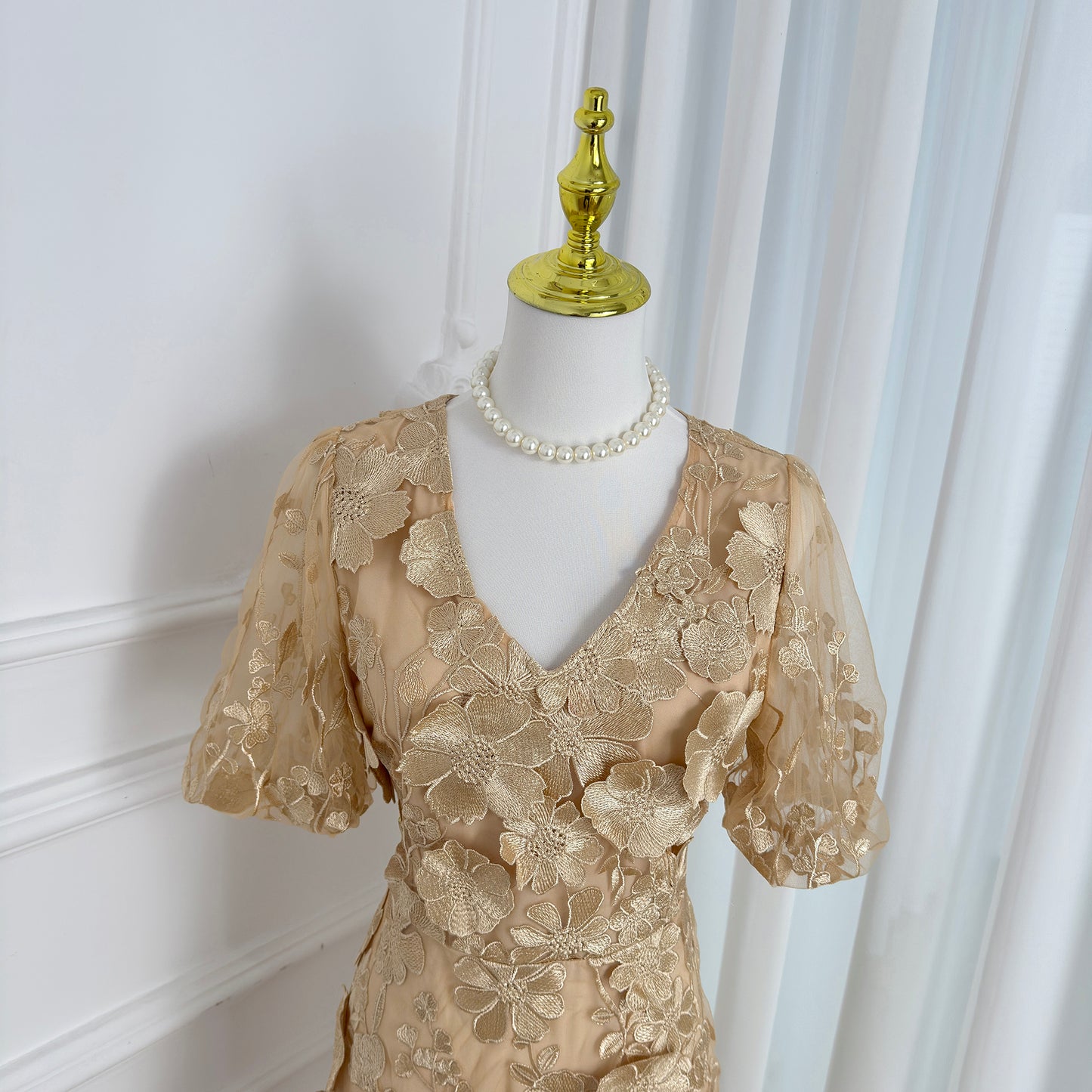 Khaki Floral Embroidered V-neck Elegant Mini Dress