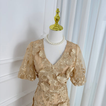 Khaki Floral Embroidered V-neck Elegant Mini Dress