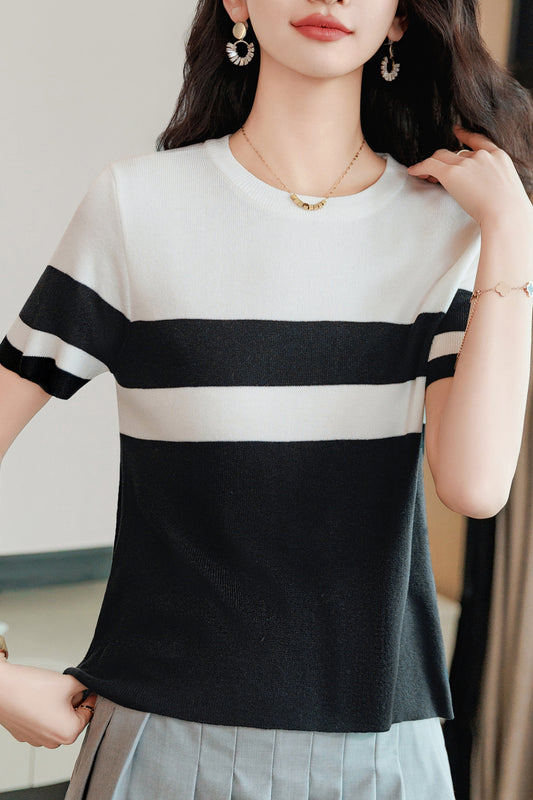 Women's Striped Short Sleeve Color Block Knit Tops
