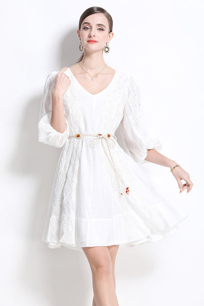 Women's Puff Sleeves V-Neck Hollow Embroidery Mini Dress