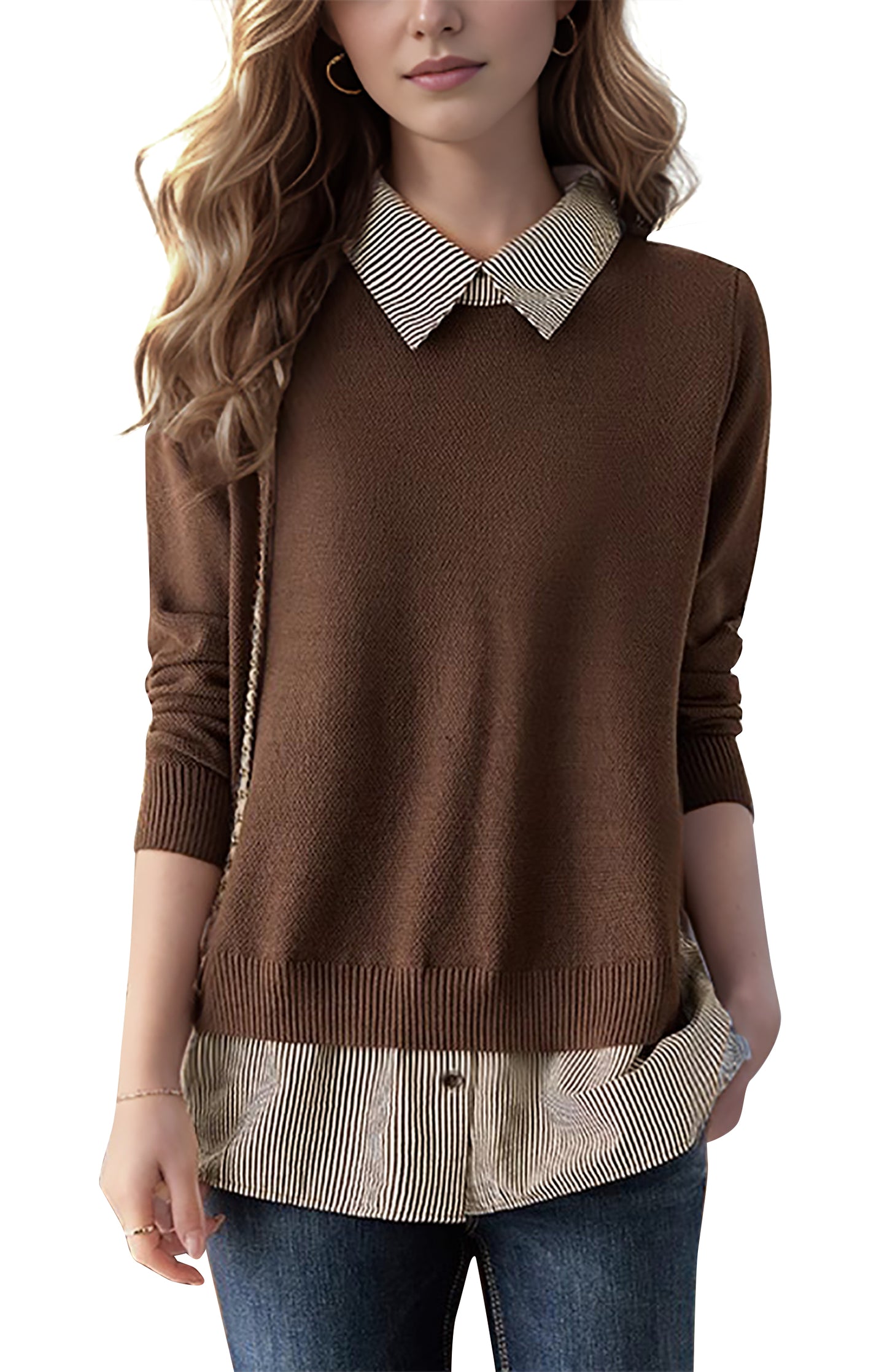 Women's Patchwork Shirt Collar Cotton  Knit Pullover Tops