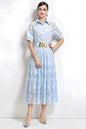 Romantic Blue Short Sleeve Lace Mesh Midi Dress with Belt