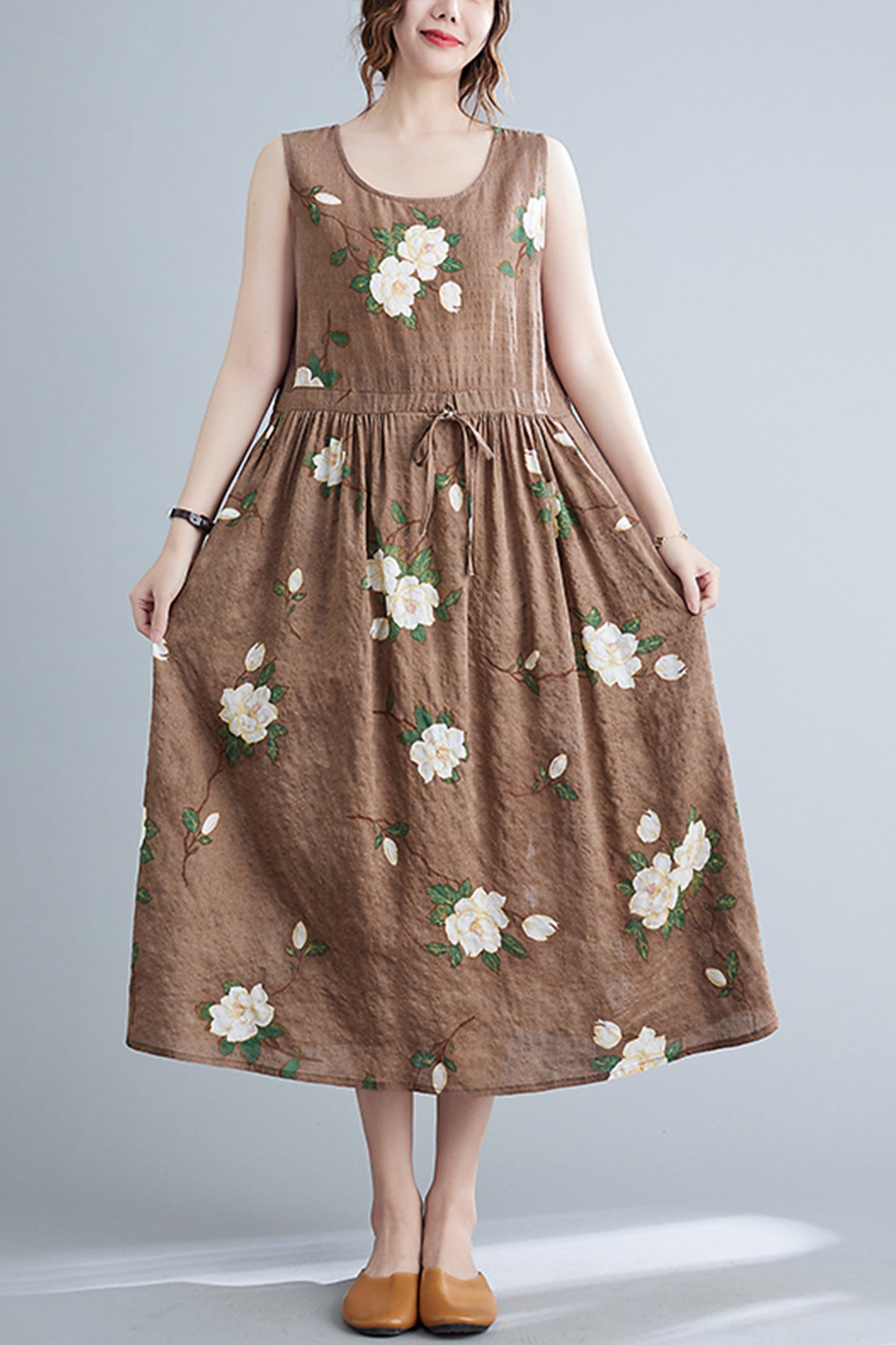 Brown Floral Print Loose Strappy Dress with Pocket