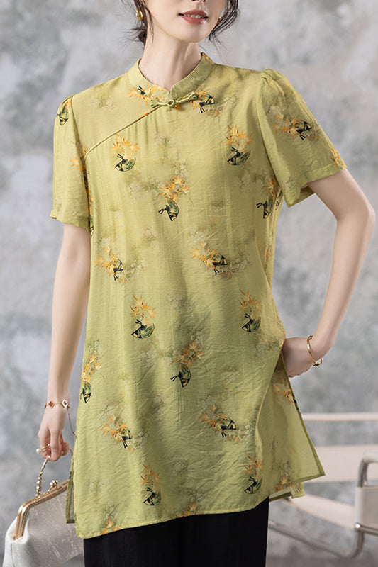 Women's Short Sleeve Button Print Qipao Satin Blouse