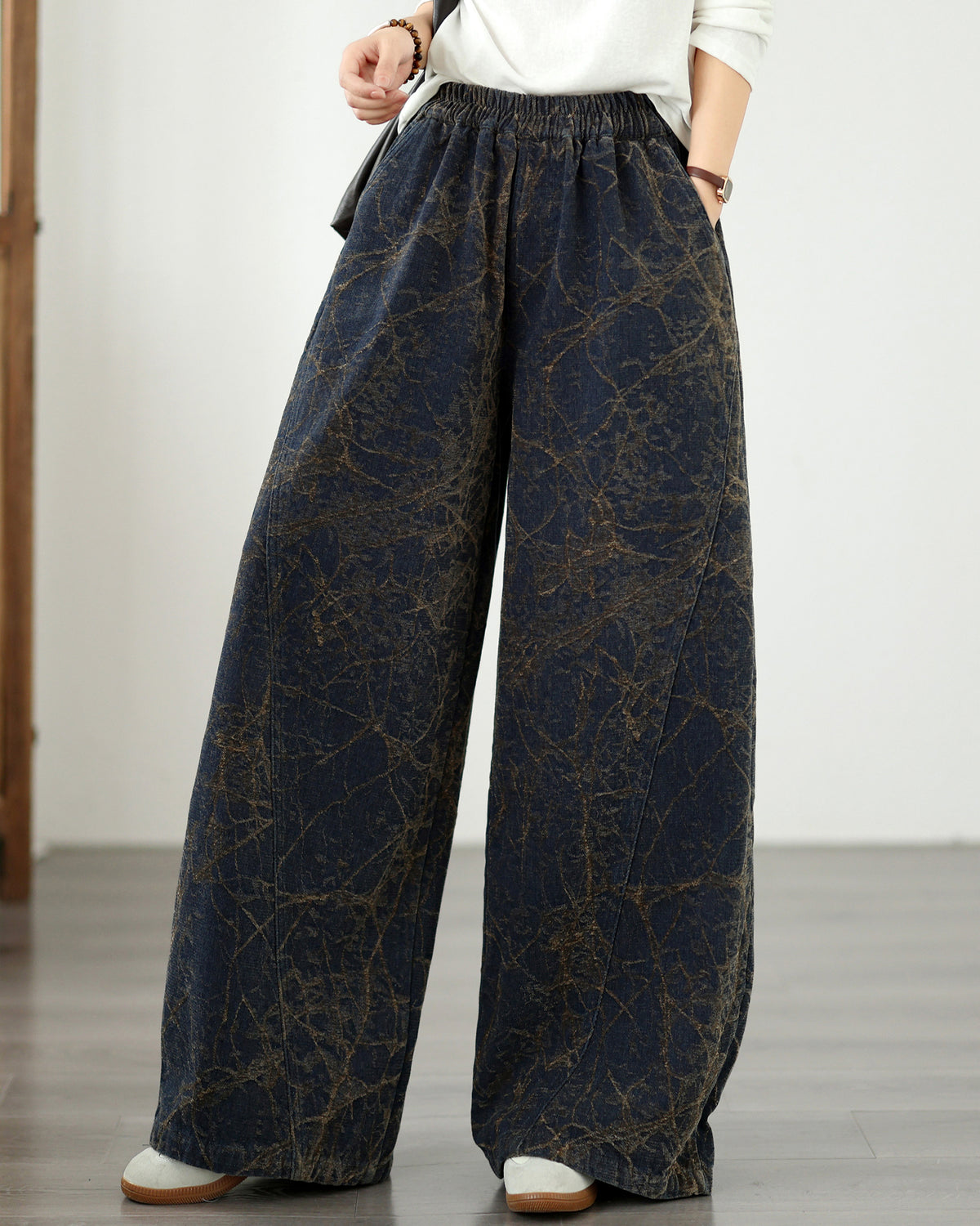 Vintage Dark Denim Wide-Leg Pants | Artistic Crackle Print & Elastic Waist