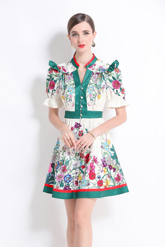 Women's Puff Sleeve V-Neck Print Split Mini Dress