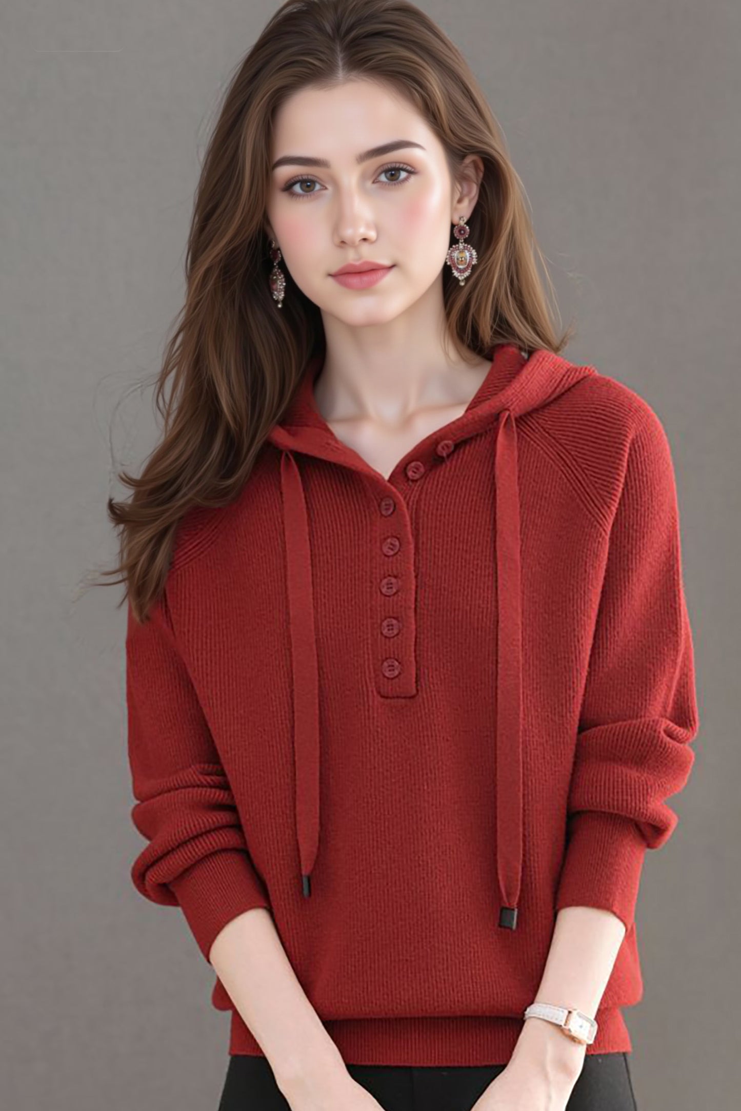 Women's Hoodie Sweater Drawstring Knit Sweatshirt