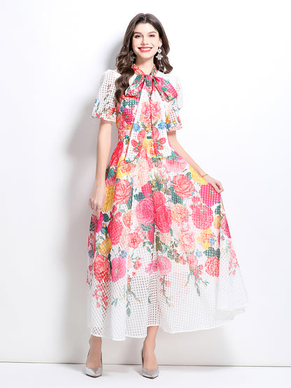 Oil painting flower print A-line dress