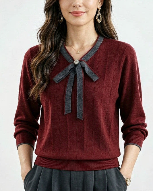 Vintage Bow Collar Knit Sweater Long Sleeve Pullover Top
