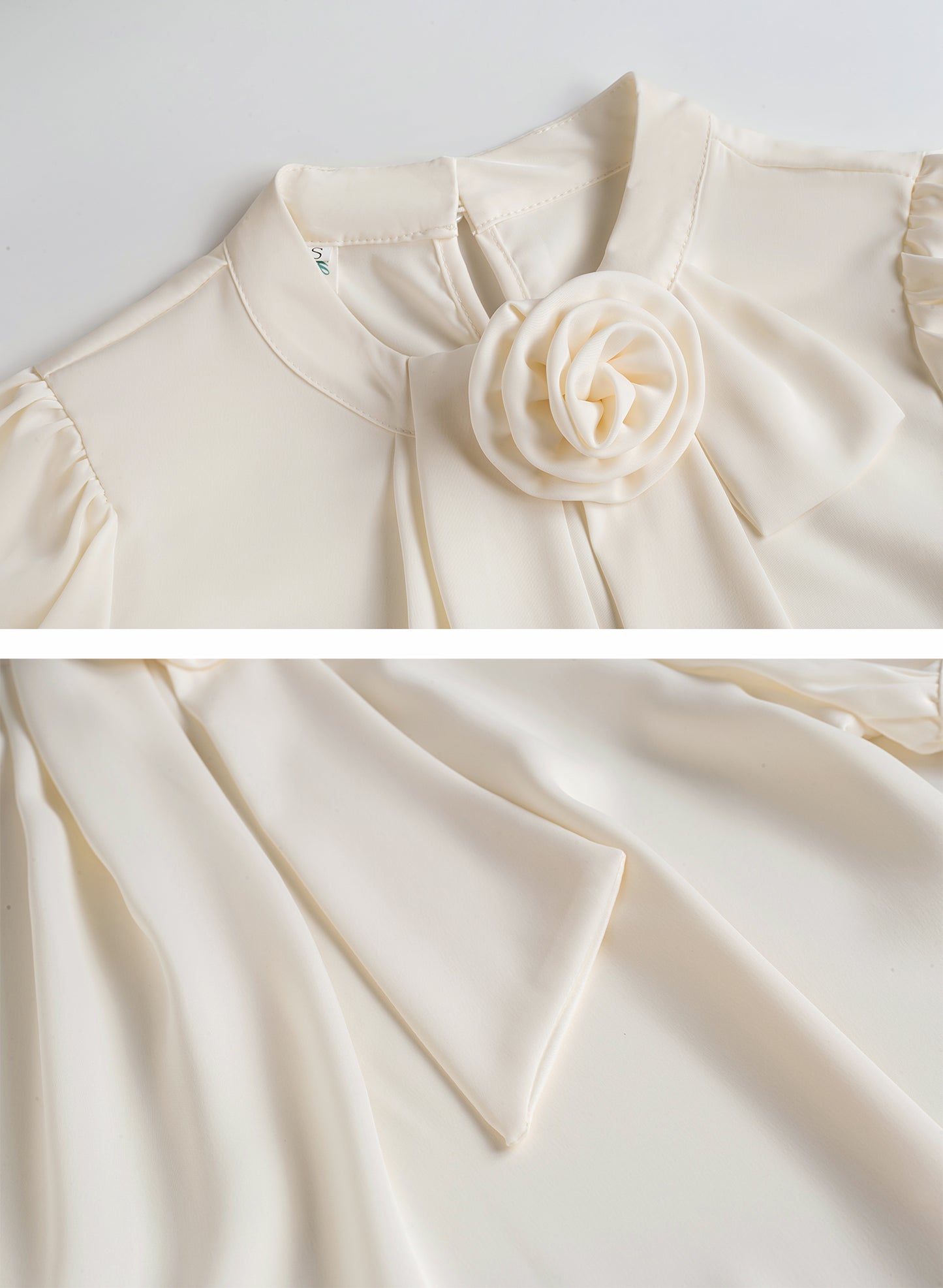 Ivory Satin Rose Blouse – Elegant Puff Sleeve Bow Detail Top