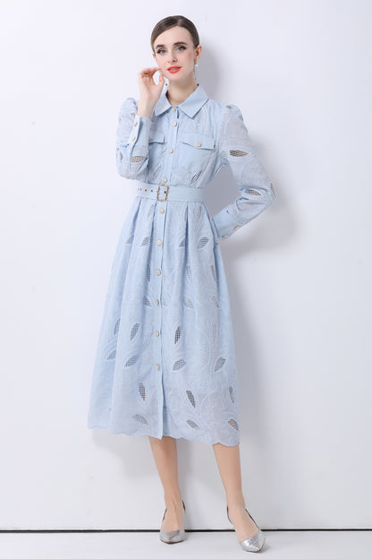 Women's Embroidery Hollow Out Lace Midi Dress - LAI MENG FIVE CATS