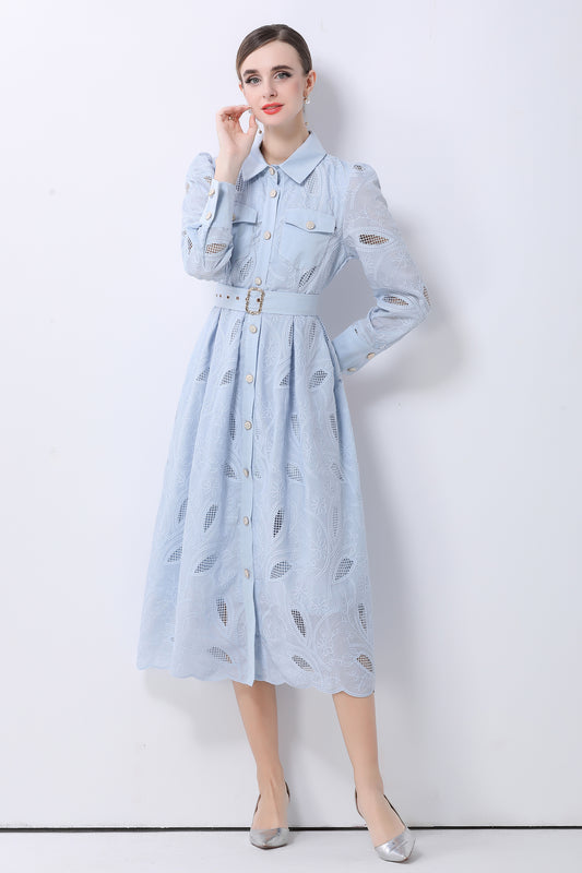 Women's Embroidery Hollow Out Lace Midi Dress - LAI MENG FIVE CATS