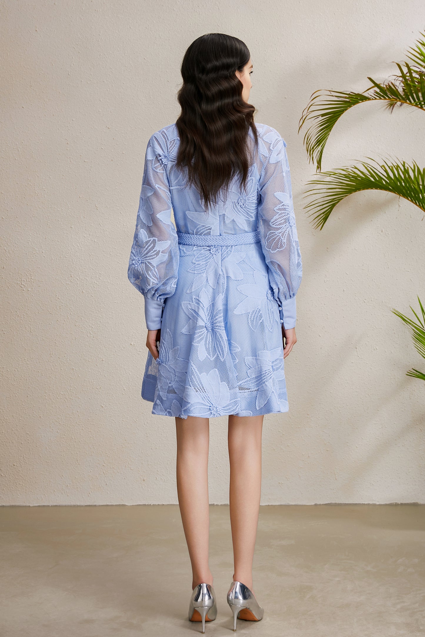 Women's Hollow Lace Floral Lantern Sleeve Mini Dress