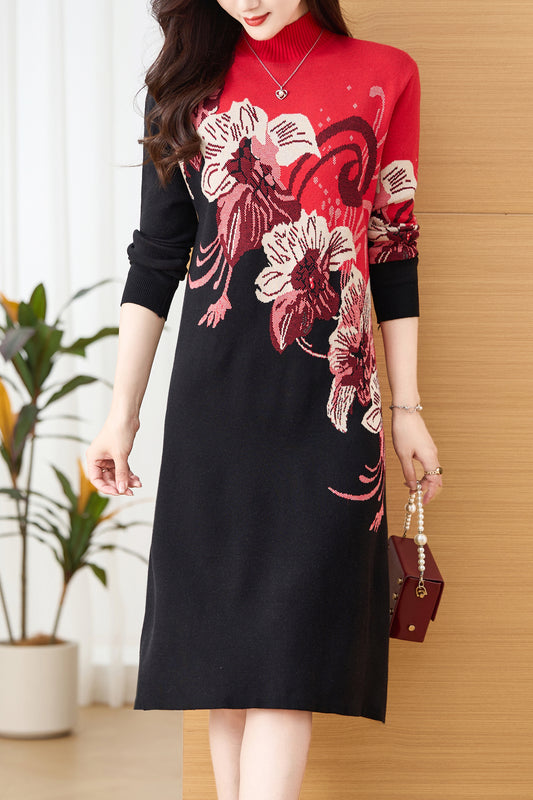 Knit Floral Pullover Elegant Winter Midi Dress