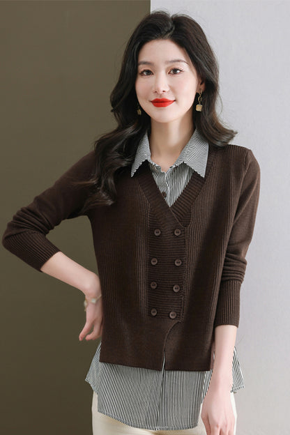 Women's Casual Patchwork Shirt Collar Long Sleeve Cotton Pullover Tops