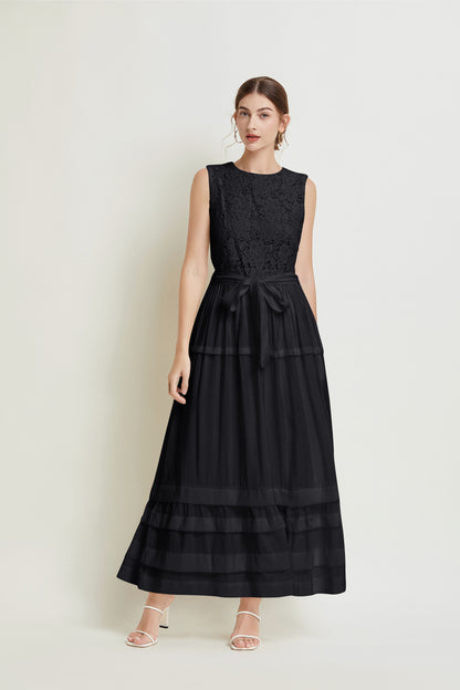 Sleeveless Belted Layered Lace Maxi Dress