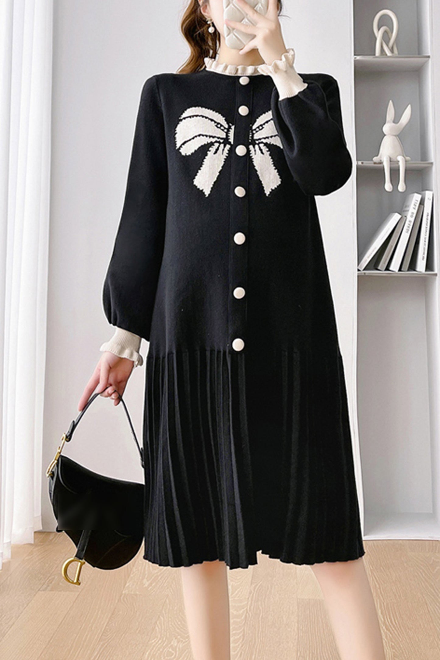 Elegant Button Down Knit Elastic Tunic Dress