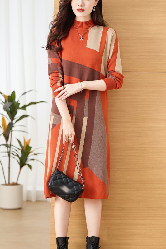 Knit Stretch Pattern Pullover Midi Dress