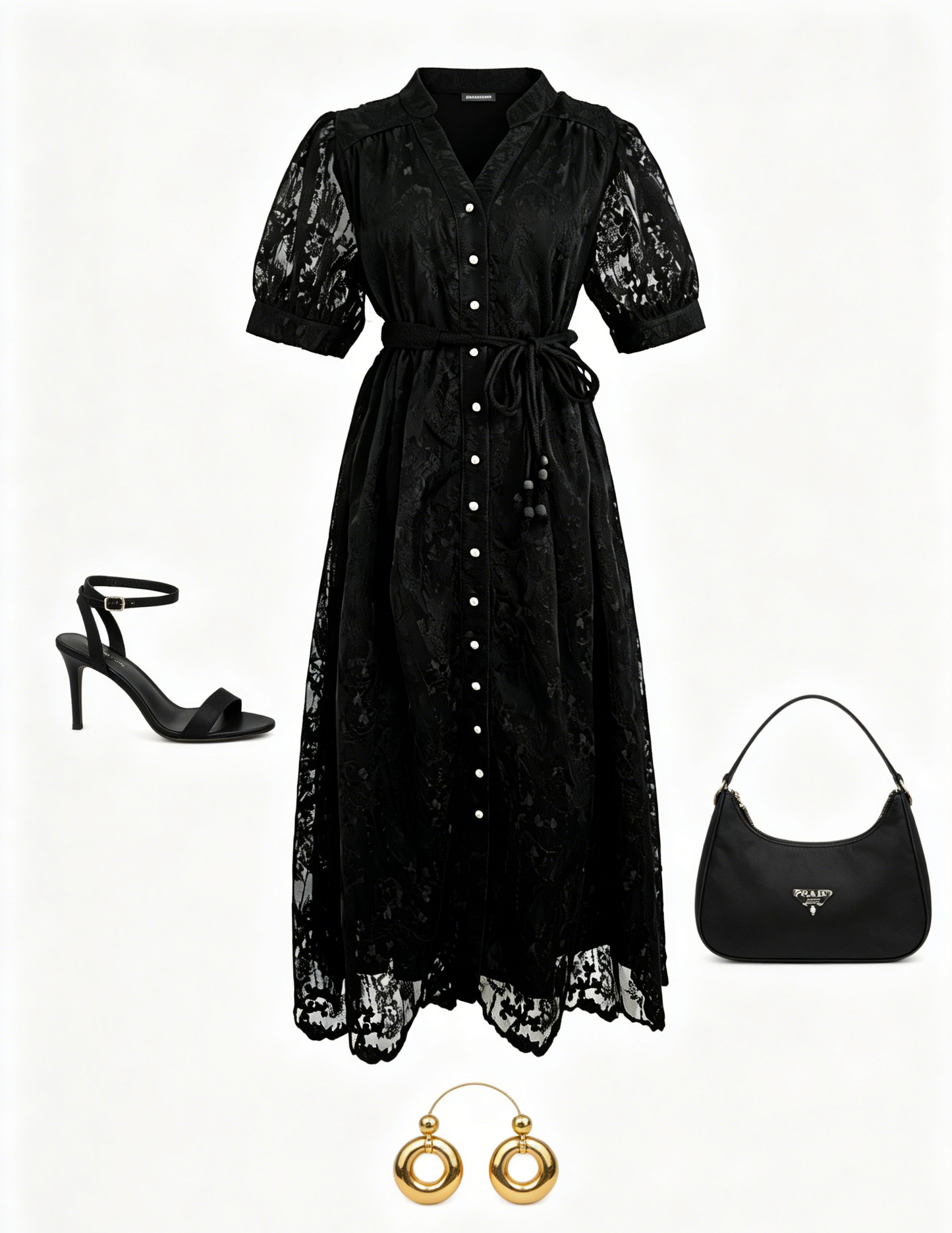 Black Embroidered Mesh Button Front Midi Dress - LAI MENG FIVE CATS