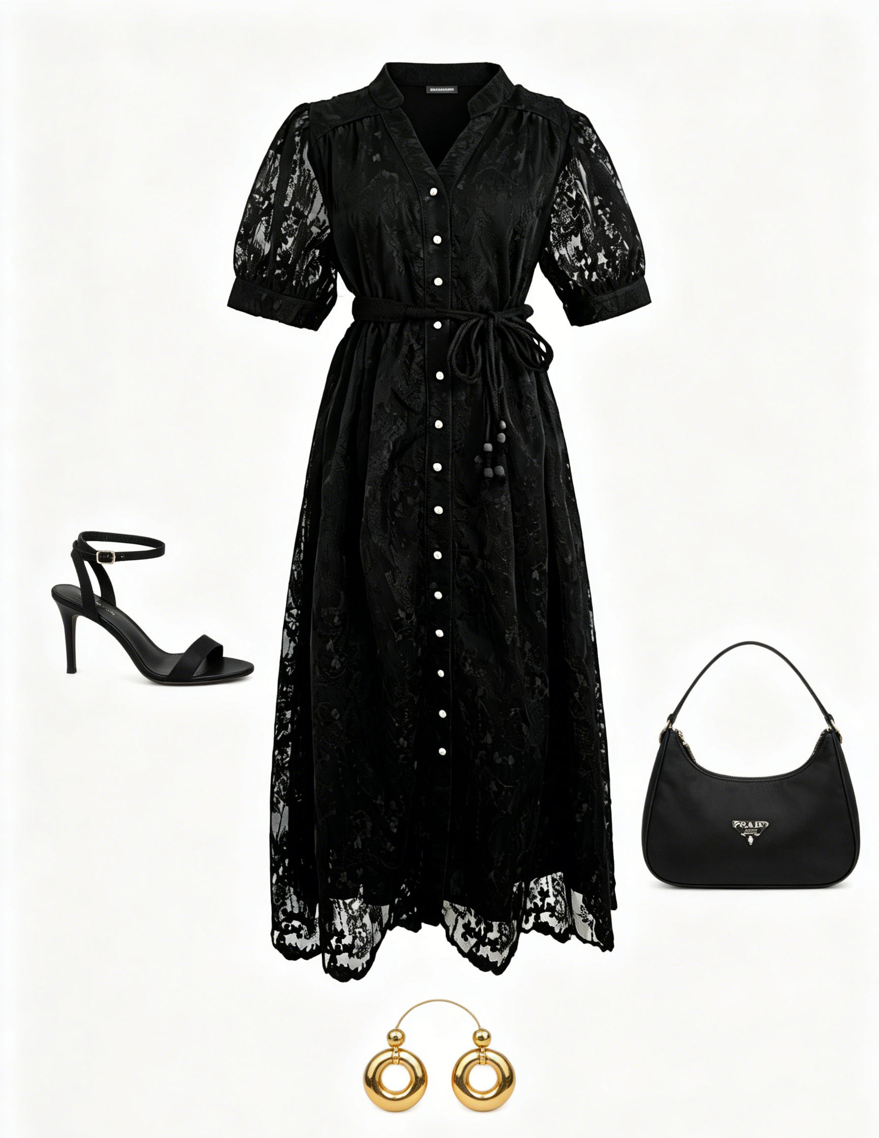 Black Embroidered Mesh Button Front Midi Dress - LAI MENG FIVE CATS