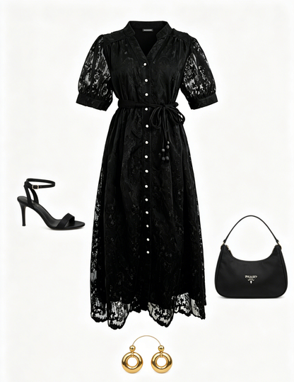 Black Embroidered Mesh Button Front Midi Dress - LAI MENG FIVE CATS