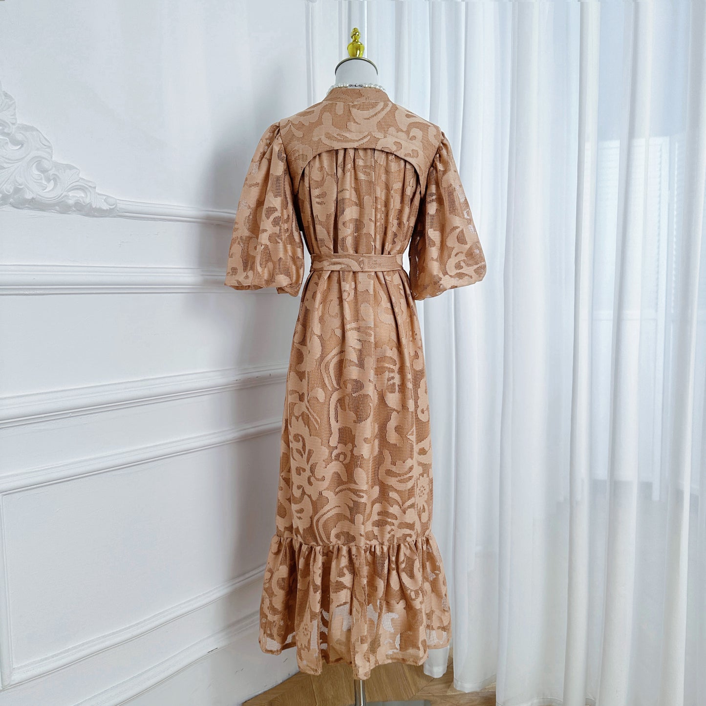 Loose Lace Midi Dress with Front Buttons, Ruffle Hem & Fully Lined - LAI MENG FIVE CATS