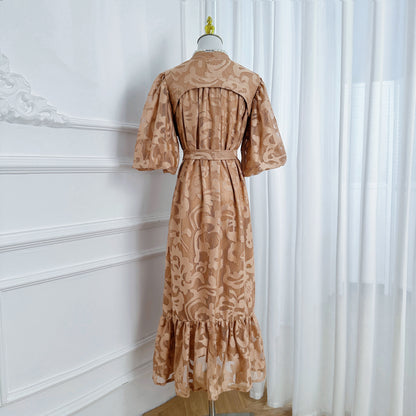 Loose Lace Midi Dress with Front Buttons, Ruffle Hem & Fully Lined - LAI MENG FIVE CATS