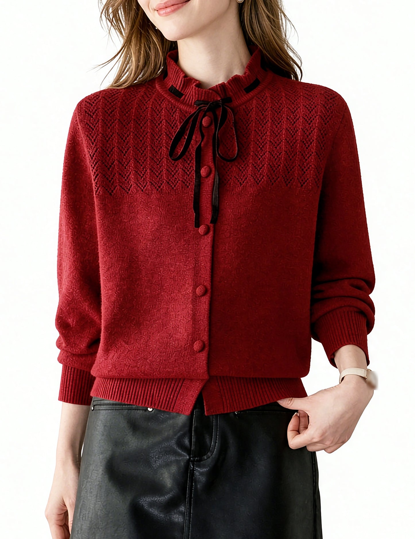 Ribbon Tie Knit Cardigan Long Sleeve Elegant Sweater Tops