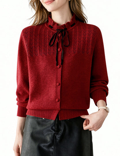 Ribbon Tie Knit Cardigan Long Sleeve Elegant Sweater Tops
