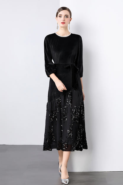 Velvet Lace Patchwork Sequins Midi Dress