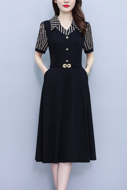 Women's Lapel V-Neck Pocket Short Sleeve Midi Dress - LAI MENG FIVE CATS