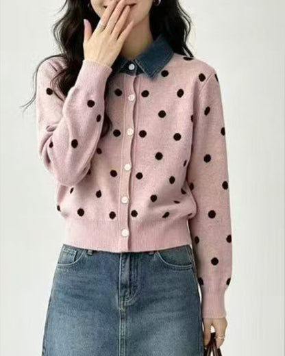 Polka Dot Knit Cardigan with Denim Collar
