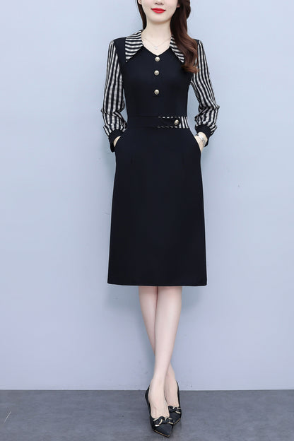 Women's V-Neck with Pockets Long Sleeve Black Dress