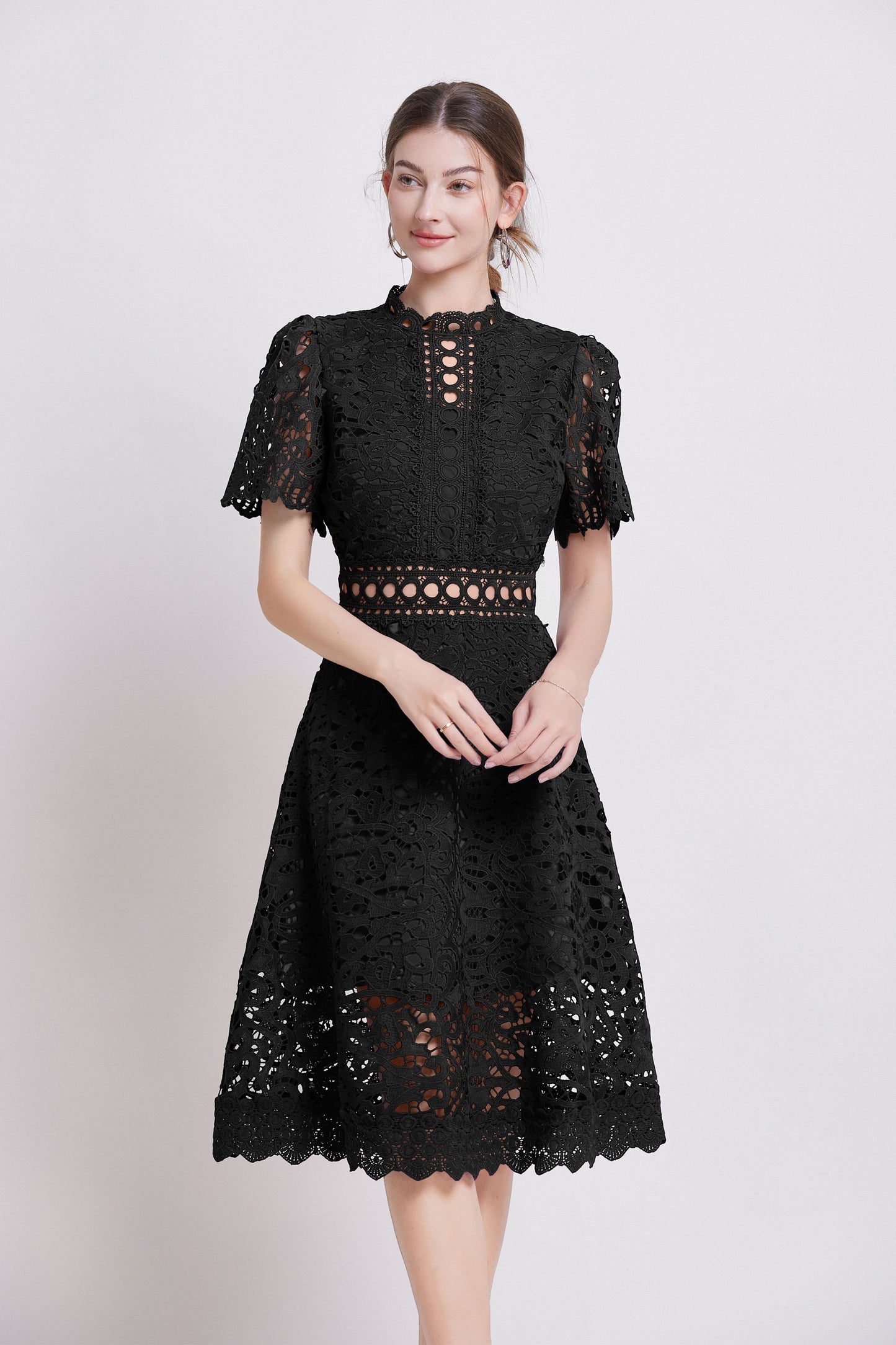 Women's Elegant Lace Hollow Midi Dress