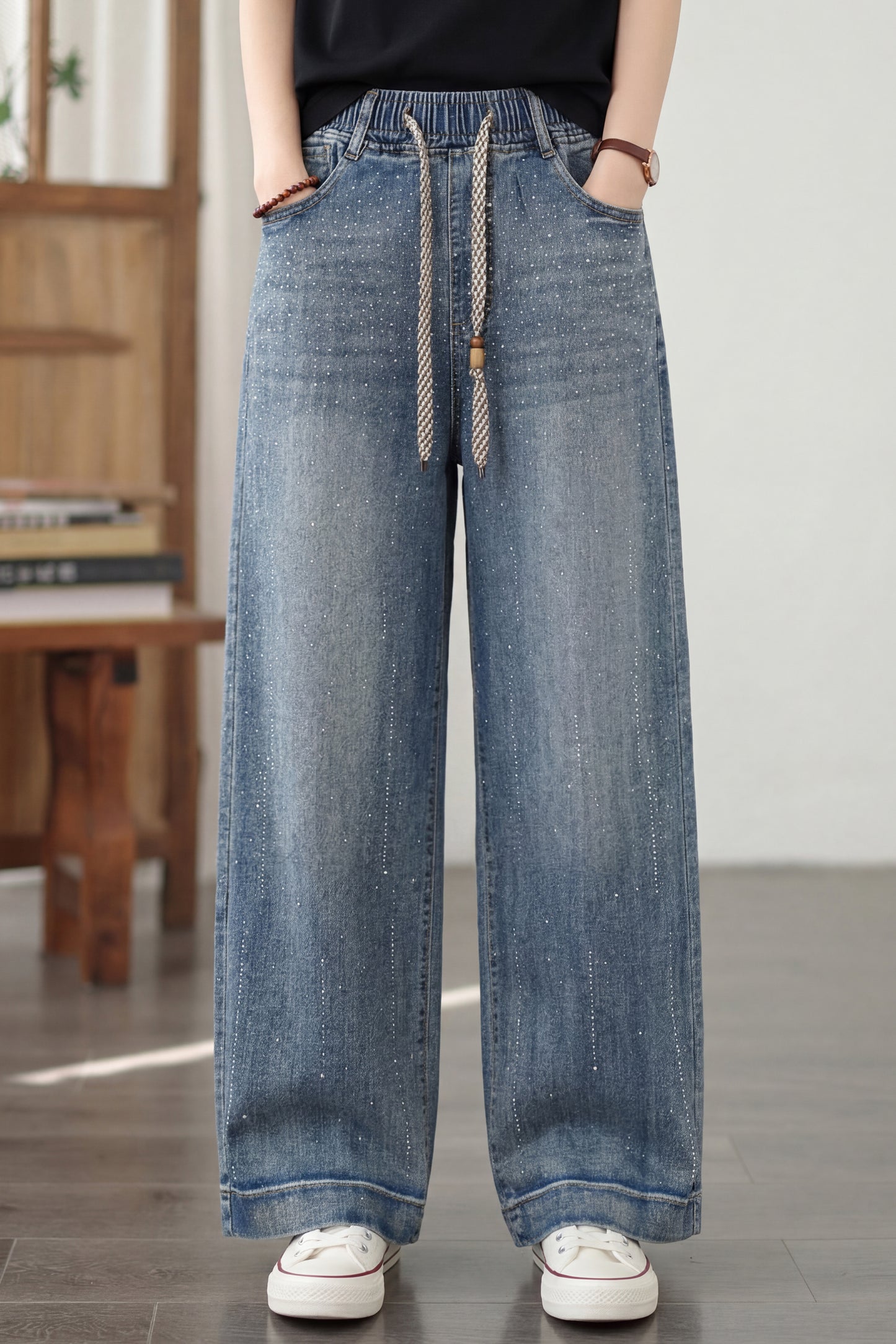 26-Women's Jeans Elastic Waist Baggy Wide Leg Denim