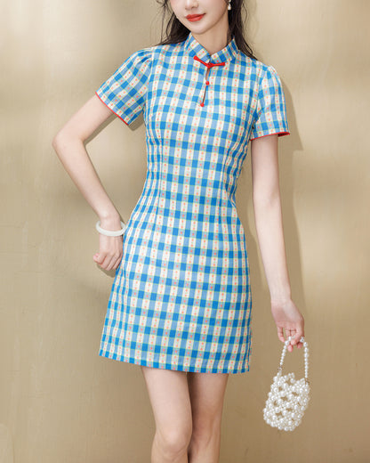 Blue Gingham Cheongsam Short Sleeve Plaid Qipao Mini Dress