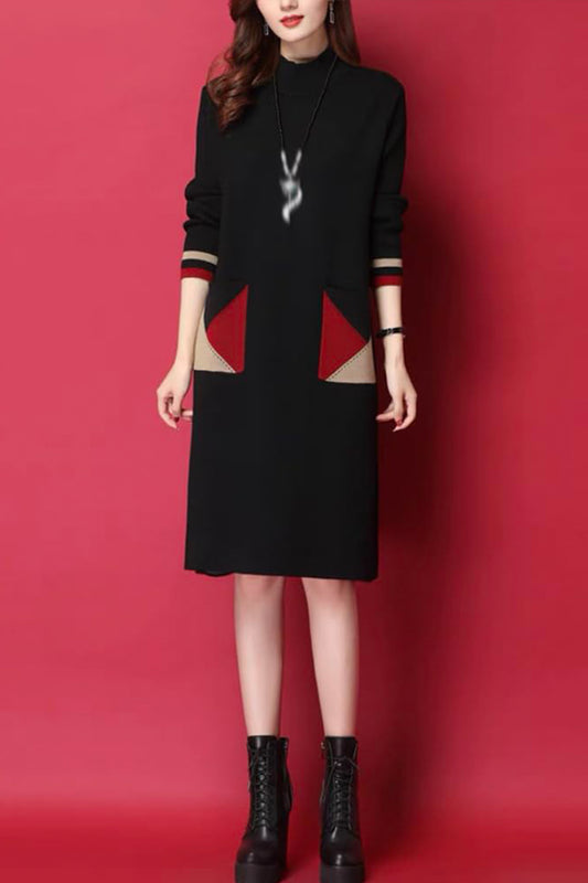 BK-Fall Long Sleeve Knitted Stretch Pullover Midi Dress