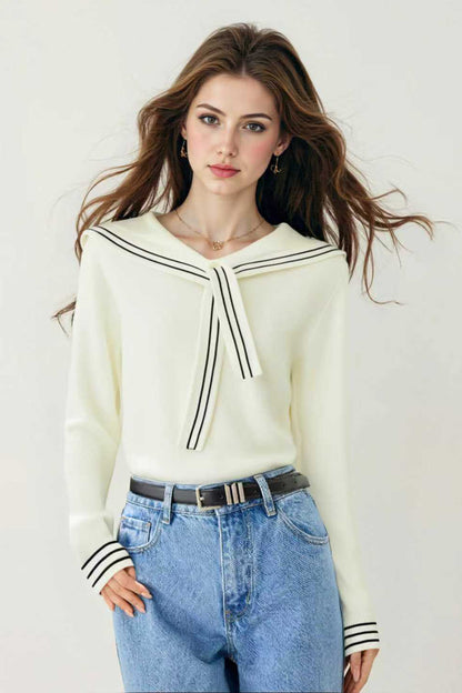 Women's Sailor Collar V-Neck Strip Knit Sweater Blouse