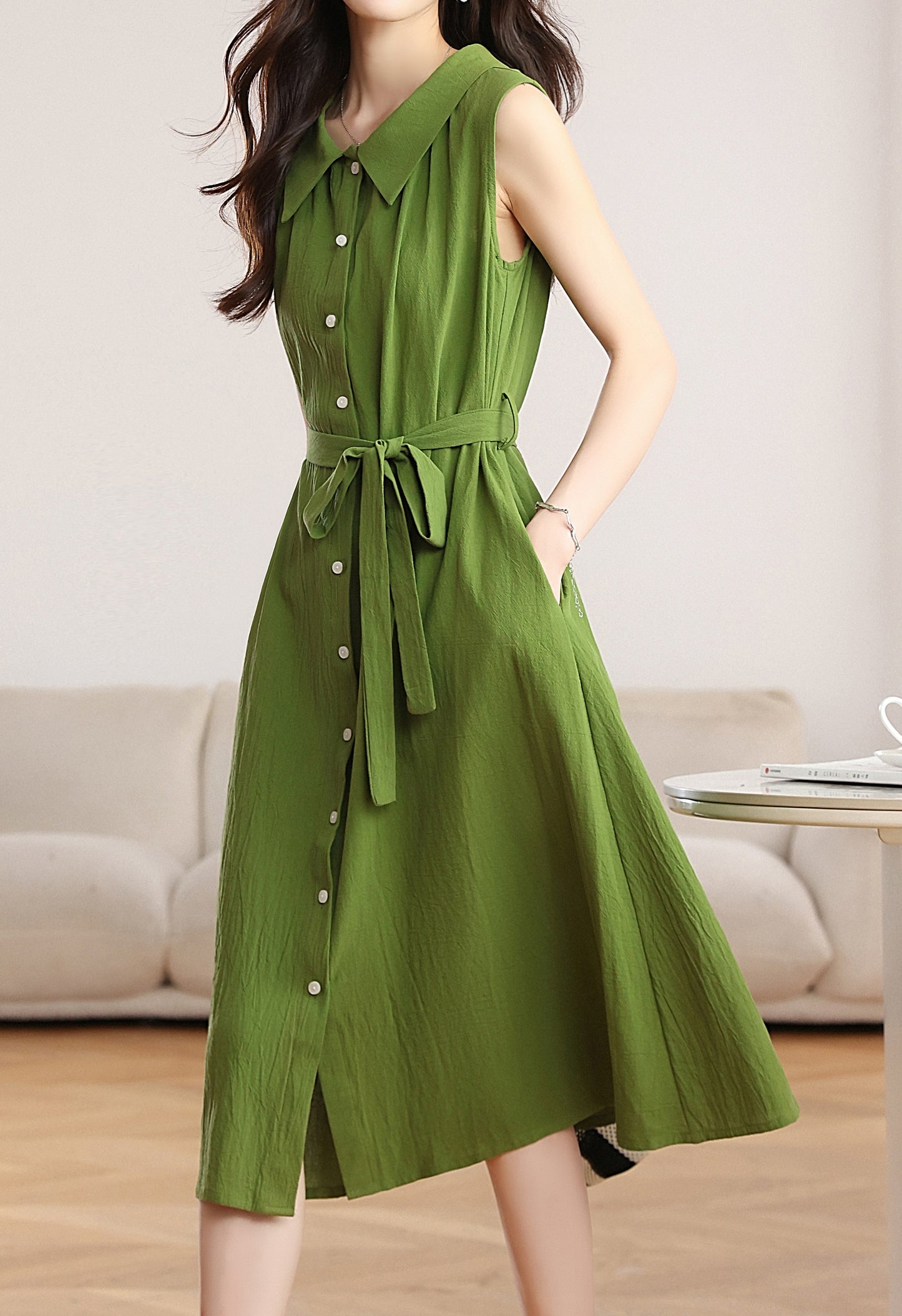 Green Sleeveless Button Front Belted Midi Dress with Pockets