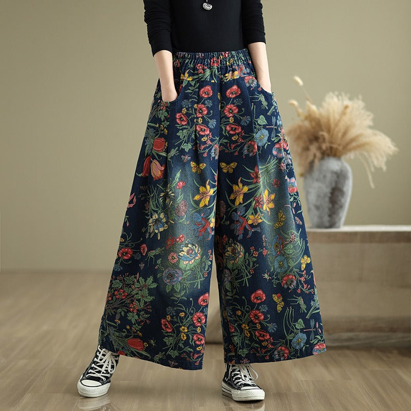 Floral Wide-Leg Denim Pants with Elastic Waist Jeans - LAI MENG FIVE CATS