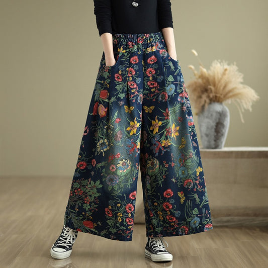 Floral Wide-Leg Denim Pants with Elastic Waist Jeans - LAI MENG FIVE CATS