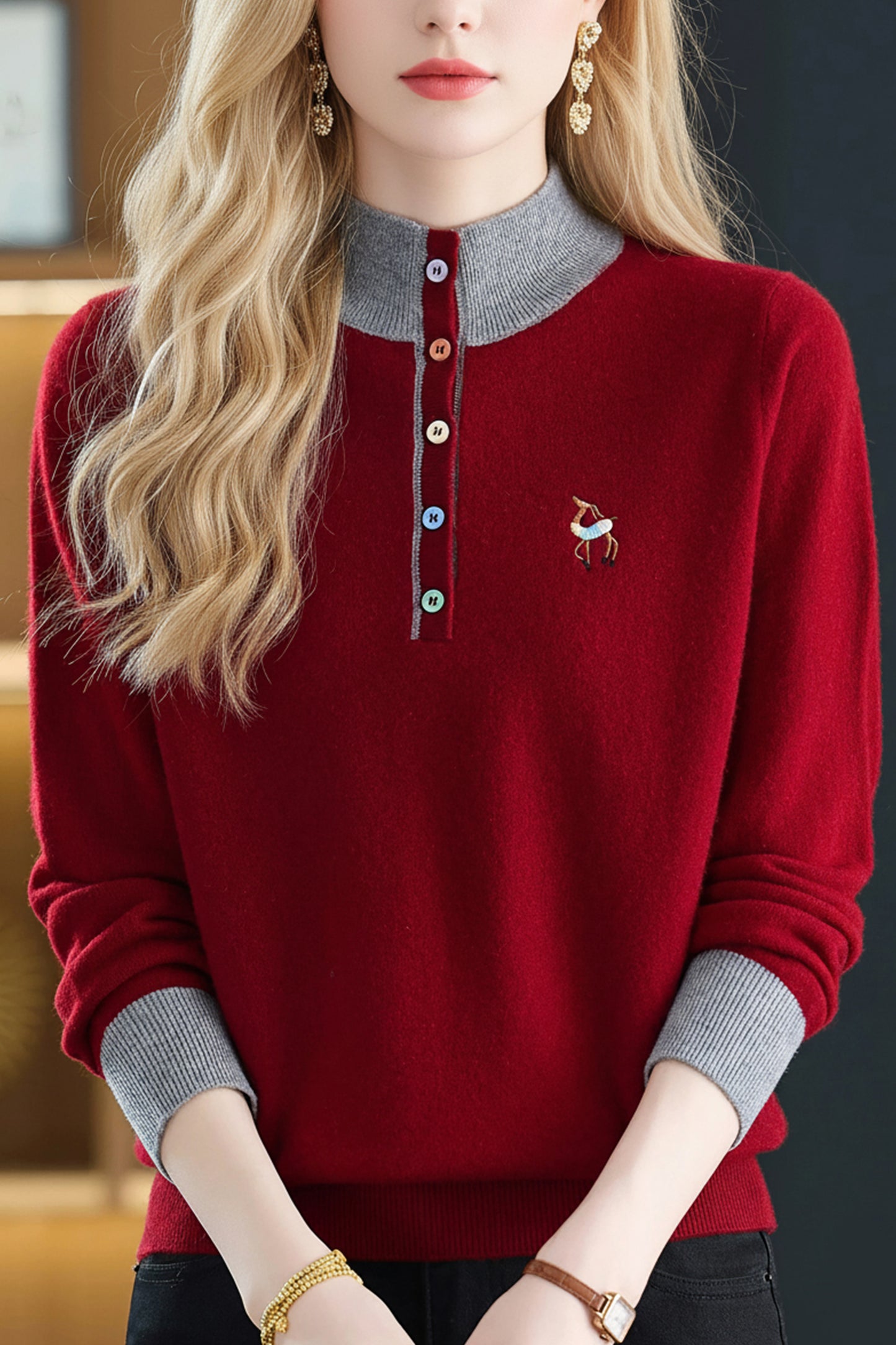 Womens Button Mock Neck Sweater Henley Shirts Knit Tops