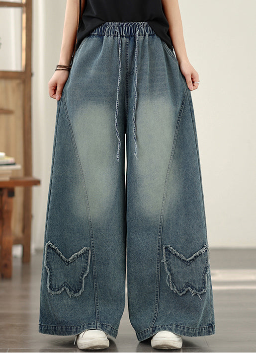 Wide-Leg Drawstring Jeans with Butterfly Fringe Detail - LAI MENG FIVE CATS
