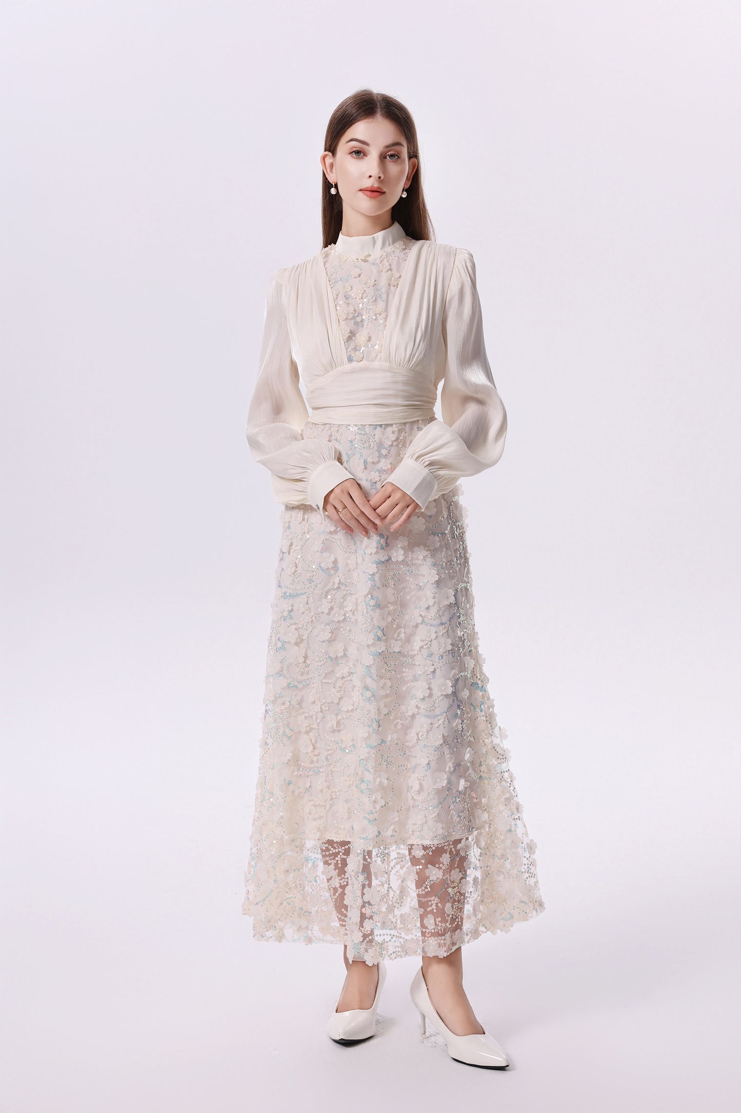 Elegant Sequin Embroidered 3D Floral Maxi Evening Dress