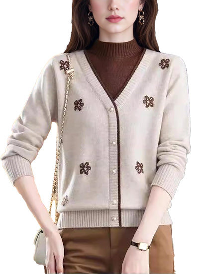 Floral Embroidered V-Neck Knit Sweater Pullover Top Fall Layered