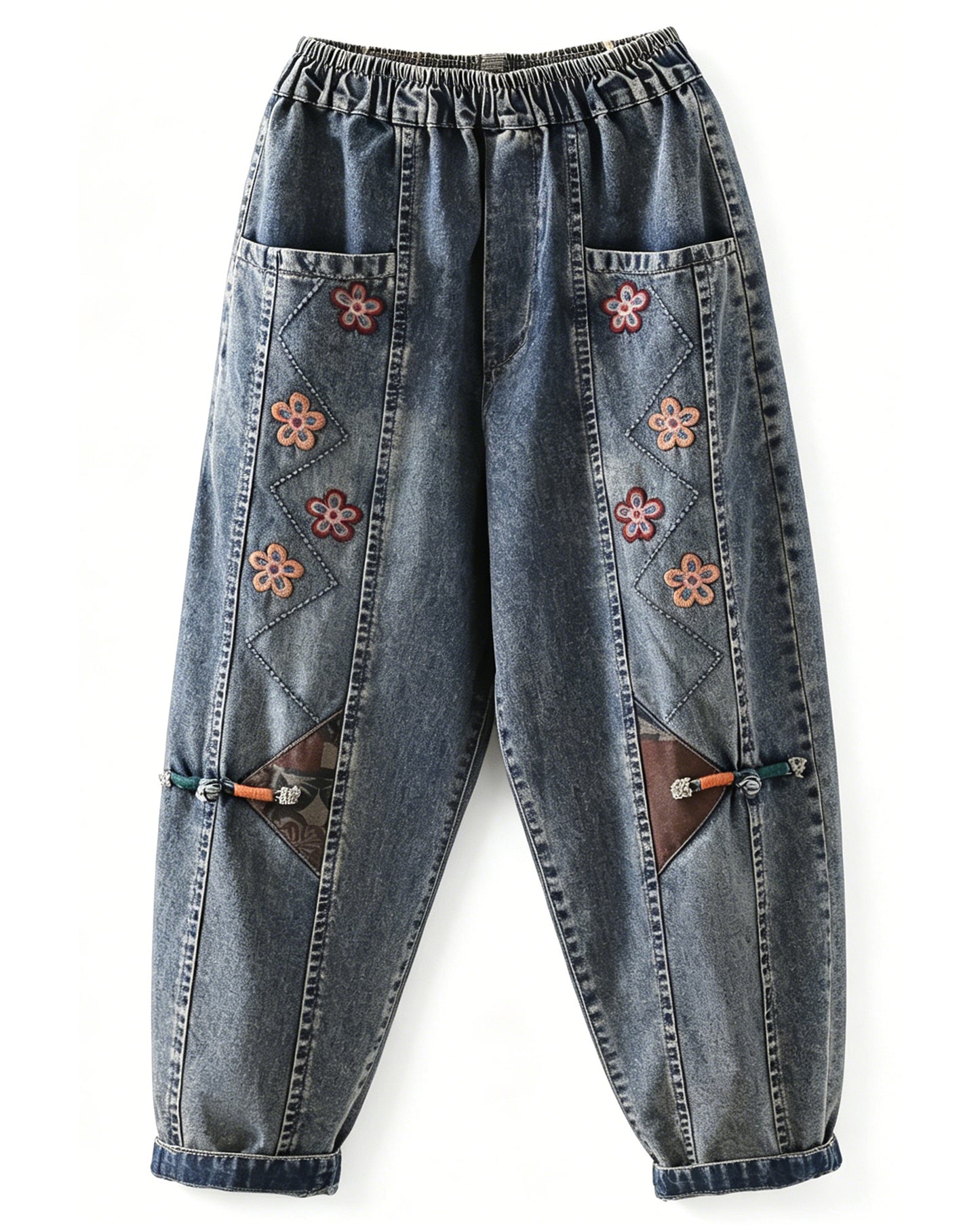 LAI MENG FIVE CATS Embroidered Elastic Waist Denim Pants – Summer Comfort