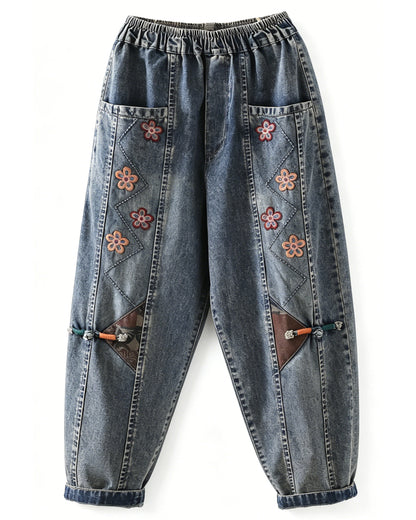 LAI MENG FIVE CATS Embroidered Elastic Waist Denim Pants – Summer Comfort