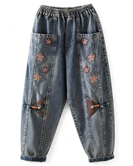 LAI MENG FIVE CATS Embroidered Elastic Waist Denim Pants – Summer Comfort