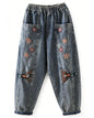 LAI MENG FIVE CATS Embroidered Elastic Waist Denim Pants – Summer Comfort