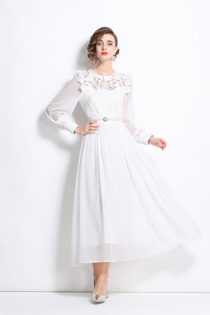 Lace Chiffon Puff Sleeves Maxi Dress with Belt